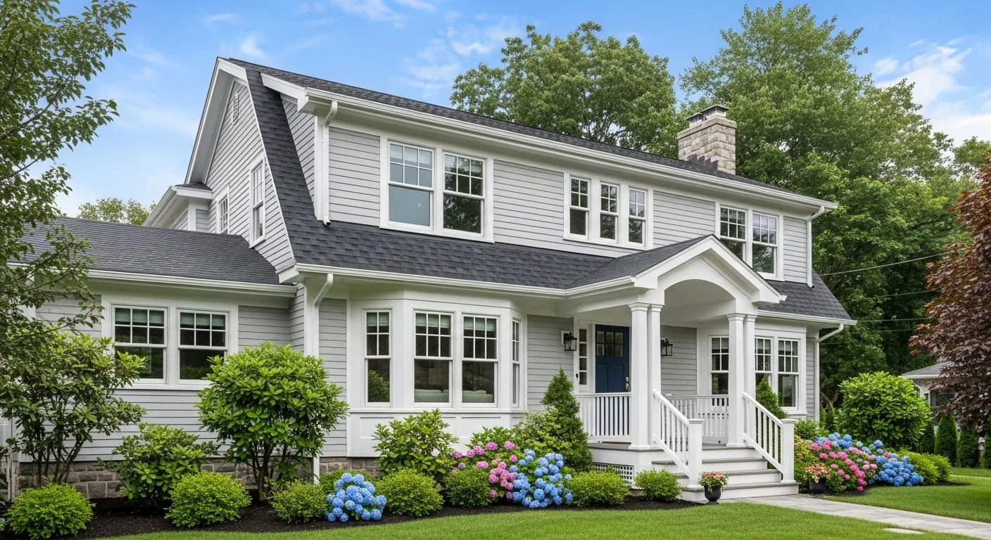 A beautifully renovated home showcasing a full home renovation with modern design elements, including a welcoming front porch, lush landscaping, and vibrant flowers, all under a clear blue sky.